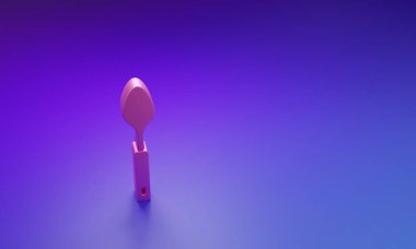 Mor-mavi arkaplanda izole edilmiş pembe kaşık simgesi. Mutfak aletleri. Çatal bıçak seti. Minimalizm kavramı. 3 Boyutlu resimleme.