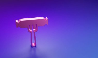 Çatal simgesinin üzerindeki pembe sosis mor-mavi arkaplanda izole edilmiş. Izgara sosis ve aroma işareti. Minimalizm kavramı. 3 Boyutlu resimleme.