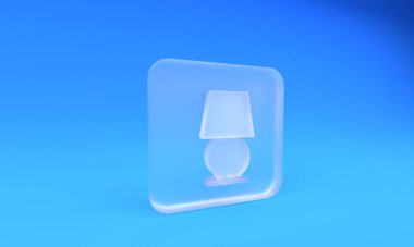 Mavi arkaplanda izole edilmiş buzlu cam masa lambası ikonu. Masa lambası. Kare buzlu cam düğme. 3 Boyutlu resimleme.