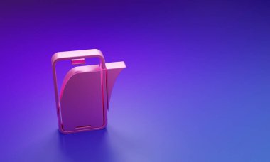 Mor-mavi arka planda izole edilmiş akıllı telefon simgesi için pembe cam ekran koruyucu. Cam için koruyucu film. Cep telefonu için şeffaf yumuşak cam. Minimalizm kavramı. 3 Boyutlu resimleme.