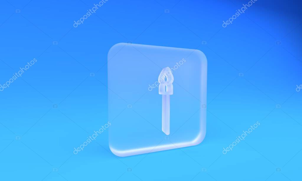 Frosted glass Medieval spear icon isolated on blue background. Medieval weapon. Square frosted glass button. 3D render illustration.