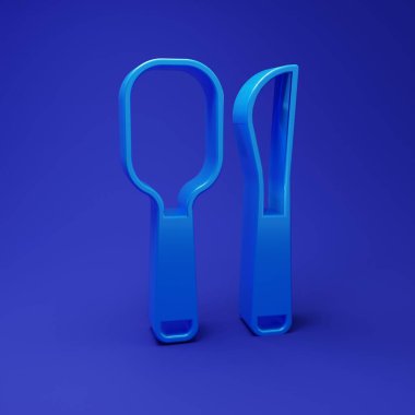 Mavi Bıçak ve kaşık ikonu mavi arka planda izole edilmiş. Mutfak aletleri. Çatal bıçak seti. Minimalizm kavramı. 3 Boyutlu resimleme.