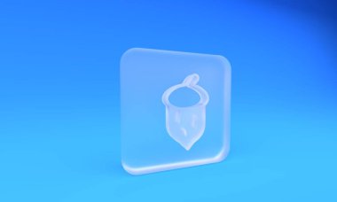 Buzlu cam meşe palamudu, meşe fıstığı, mavi arka planda izole edilmiş tohum ikonu. Kare buzlu cam düğme. 3 Boyutlu resimleme.