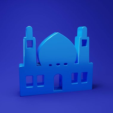 Mavi Müslüman Camii simgesi mavi arkaplanda izole edilmiş. Minimalizm kavramı. 3 Boyutlu resimleme.
