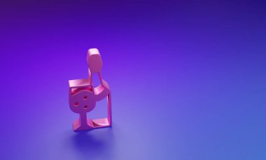 Mor-mavi arka planda izole edilmiş cam ikonlu pembe şampanya şişesi. Minimalizm kavramı. 3 Boyutlu resimleme.