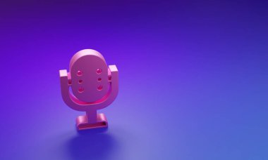Mor-mavi arkaplanda izole edilmiş pembe mikrofon simgesi. Radyodaki mikrofondan. Sözcü işareti. Minimalizm kavramı. 3 Boyutlu resimleme.