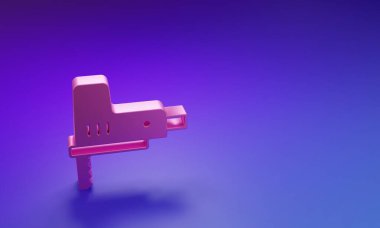 Mor-mavi arka planda izole edilmiş çelik keskin bıçak ikonu olan pembe elektrikli yapboz. Ahşap işçiliği için elektrikli alet. Minimalizm kavramı. 3 Boyutlu resimleme.