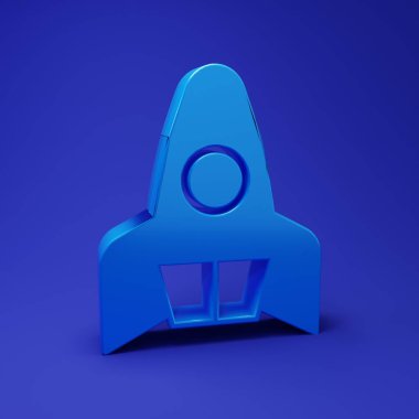 Mavi Roket gemisi simgesi mavi arkaplanda izole edildi. Uzay yolculuğu. Minimalizm kavramı. 3 Boyutlu resimleme.