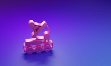 Mor-mavi arka planda izole edilmiş pembe Mars gezgin simgesi. Uzay aracı. Ay yürüyüşü işareti. Gezegen yüzeyini incelemek için bir cihaz. Minimalizm kavramı. 3 Boyutlu resimleme.