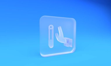 Buzlu cam, mavi arka planda izole edilmiş sigara ikonu bırakıyor. Tütün tabelası. Sigara içme sembolü. Sağlıklı bir yaşam tarzı. Kare buzlu cam düğme. 3 Boyutlu resimleme.