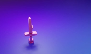 Mor-mavi arkaplandaki pembe hançer simgesi. Bıçak ikonu. Keskin bıçaklı kılıç. Minimalizm kavramı. 3 Boyutlu resimleme.