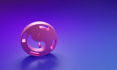 Mor-mavi arka planda izole edilmiş Pembe Yin Yang ahenk ve denge simgesi. Minimalizm kavramı. 3 Boyutlu resimleme.