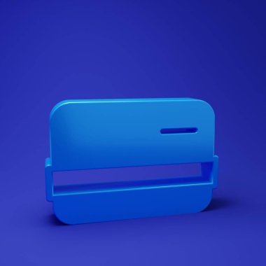 Mavi kredi kartı simgesi mavi arkaplanda izole edildi. Çevrimiçi ödeme. Nakit çekilmesi. Finansal operasyonlar. Alışveriş tabelası. Minimalizm kavramı. 3 Boyutlu resimleme.