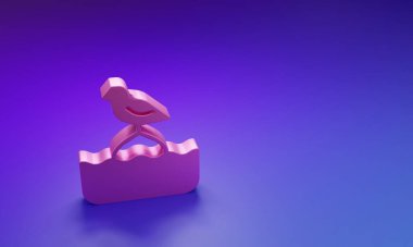 Pembe Martı, mor-mavi arka planda izole edilmiş deniz ikonunda bir şamandıranın üzerinde oturur. Minimalizm kavramı. 3 Boyutlu resimleme.