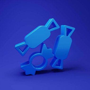 Mavi Şeker simgesi mavi arkaplanda izole edildi. Mutlu Cadılar Bayramı Partisi. Minimalizm kavramı. 3 Boyutlu resimleme.