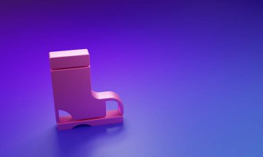 Mor-mavi arka planda izole edilmiş pembe su geçirmez lastik bot ikonu. Yağmurlu hava, balıkçılık, bahçe işleri için çizme. Minimalizm kavramı. 3 Boyutlu resimleme.