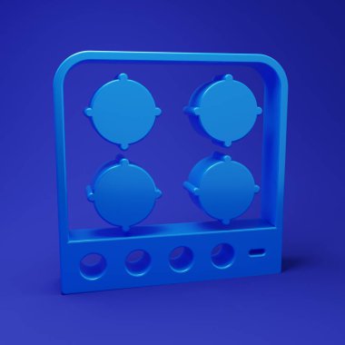 Mavi gaz soba ikonu mavi arkaplanda izole edildi. Mutfak tabelaları. Dört daire ocağı olan bir hob. Minimalizm kavramı. 3 Boyutlu resimleme.