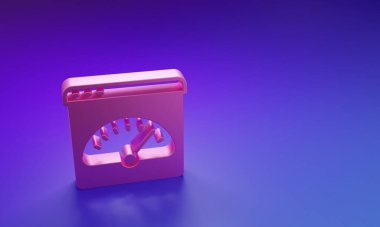 Mor-mavi arkaplanda izole edilmiş pembe dijital hız göstergesi simgesi. Küresel ağ yüksek hızlı bağlantı veri oranı teknolojisi. Minimalizm kavramı. 3 Boyutlu resimleme.