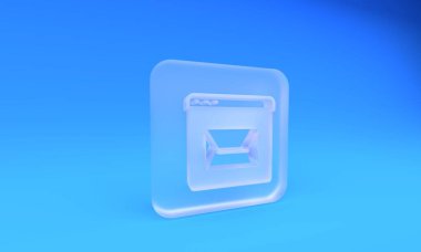 Buzlu cam web sitesi ve zarf, yeni mesaj, mavi arkaplanda izole edilmiş posta simgesi. E-posta bültenleri, başlıklar, blog yazıları için kullanım. Kare buzlu cam düğme. 3 Boyutlu resimleme.