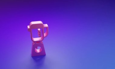 Mor-mavi arkaplanda izole edilmiş pembe karıştırıcı simgesi. Mutfak elektrikli kırıcı ve kase. Meyve suyu, kokteyl ya da meyve suyu. Minimalizm kavramı. 3 Boyutlu resimleme.