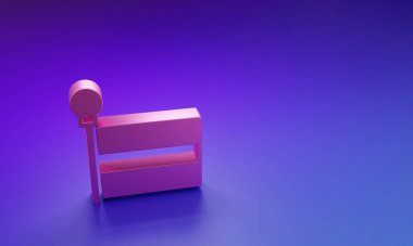 Mor-mavi arkaplanda izole edilmiş pembe bayrak simgesi. Yer belirleyici sembol. Minimalizm kavramı. 3 Boyutlu resimleme.
