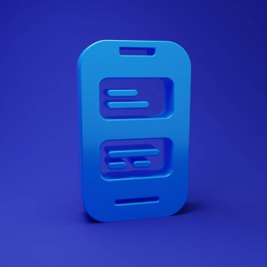 Mavi arkaplanda Mavi Çevrimiçi çeviri simgesi izole edildi. Sohbet balonunda yabancı dil konuşma simgeleri. Çeviri konsepti. Minimalizm kavramı. 3 Boyutlu resimleme.