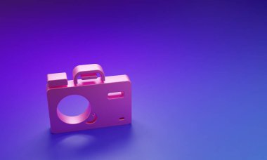 Mor-mavi arkaplanda izole edilmiş pembe fotoğraf makinesi simgesi. Foto kamera. Dijital fotoğrafçılık. Minimalizm kavramı. 3 Boyutlu resimleme.