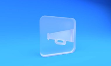 Mavi arka planda izole edilmiş buzlu cam megafon ikonu. Kare buzlu cam düğme. 3 Boyutlu resimleme.