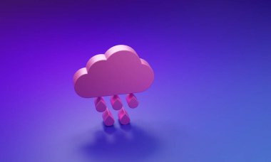 Pembe Bulut ve mor-mavi arka planda izole edilmiş yağmur ikonu. Yağmur damlaları ile yağmur bulutu yağışı. Minimalizm kavramı. 3 Boyutlu resimleme.