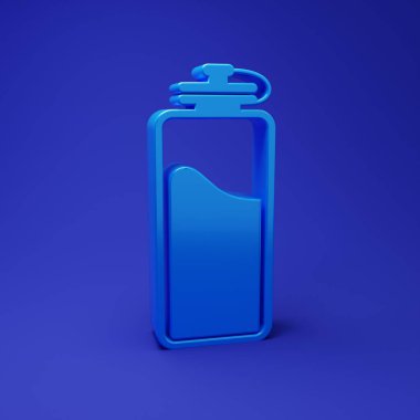 Mavi arka planda su ikonu olan mavi spor şişesi. Minimalizm kavramı. 3 Boyutlu resimleme.
