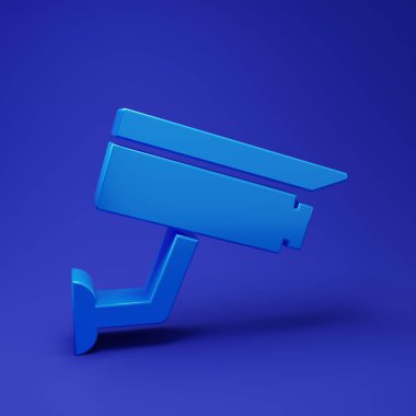 Mavi güvenlik kamerası simgesi mavi arkaplanda izole edildi. Minimalizm kavramı. 3 Boyutlu resimleme.