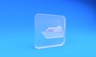 Buzlu cam gemi simgesi mavi arkaplanda izole edildi. Kare buzlu cam düğme. 3 Boyutlu resimleme.