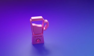 Mor-mavi arkaplanda izole edilmiş pembe karıştırıcı simgesi. Mutfak elektrikli kırıcı ve kase. Meyve suyu, kokteyl ya da meyve suyu. Minimalizm kavramı. 3 Boyutlu resimleme.