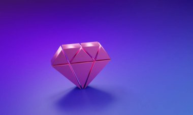 Mor-mavi arkaplanda izole edilmiş pembe elmas simgesi. Mücevher sembolü. Mücevher taşı. Minimalizm kavramı. 3 Boyutlu resimleme.