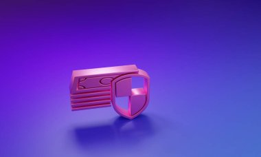 Mor-mavi arkaplanda Pembe Para koruma simgesi izole edildi. Mali güvenlik, banka hesabı koruması, güvenli para transferi. Minimalizm kavramı. 3 Boyutlu resimleme.