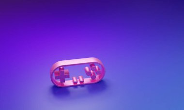 Mor-mavi arkaplanda izole edilmiş pembe oyun alanı simgesi. Oyun kontrolörü. Minimalizm kavramı. 3 Boyutlu resimleme.