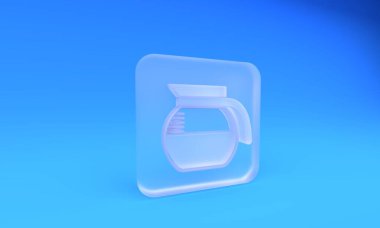 Buzlu cam kahve demliği ikonu mavi arka planda izole edilmiş. Kare buzlu cam düğme. 3 Boyutlu resimleme.