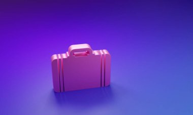Mor-mavi arka planda izole edilmiş seyahat simgesi için pembe bavul. Seyahat bagaj tabelası. Seyahat bagaj ikonu. Minimalizm kavramı. 3 Boyutlu resimleme.