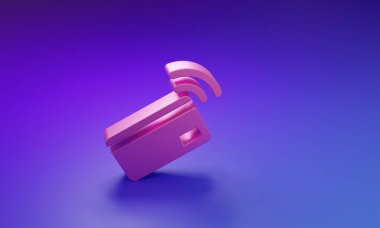 Mor-mavi arka planda izole edilmiş NFC kart simgesiyle pembe Temassız ödeme. Üzerinde radyo dalgası işareti olan kart. Kredi kartı ödemesi. Minimalizm kavramı. 3 Boyutlu resimleme.