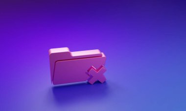 Mor-mavi arkaplanda izole edilmiş pembe silme klasörü simgesi. Geri dönüşüm kutusu olan klasör. Dizini sil ya da hata yap. Bilgisayar bilgi dizinini kapat. Minimalizm kavramı. 3 Boyutlu resimleme.