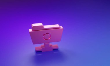 Pembe FTP eşzamanlama simgesi mor-mavi arkaplanda izole edildi. Yazılım güncellemesi, transfer protokolü, yönlendirici, takım çalışması araç yönetimi, kopyalama işlemi. Minimalizm kavramı. 3 Boyutlu resimleme.