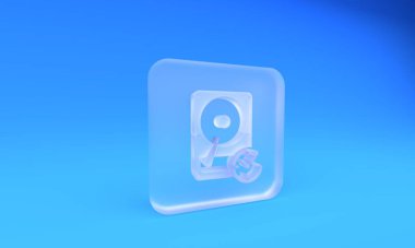 Saat yönünde işaretli buzlu cam disk sürücüsü, mavi arkaplanda veri kurtarma simgesi izole edildi. Kare buzlu cam düğme. 3 Boyutlu resimleme.