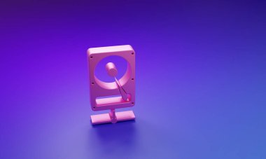 Mor-mavi arkaplanda izole edilmiş ağ simgesini paylaşan Pembe Disk Sürücüsü. Minimalizm kavramı. 3 Boyutlu resimleme.