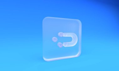 Buzlu cam müşteri mavi arka planda izole edilmiş ikonu çekiyor. Müşteri alımı, destek ve hizmet. Müşteriler mıknatısla çekiyor. Kare buzlu cam düğme. 3 Boyutlu resimleme.