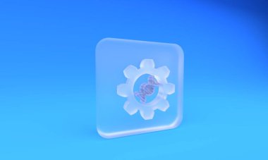 Buzlu cam genetik mühendisliği ikonu mavi arka planda izole edildi. DNA analizi, genetik testler, klonlama, babalık testi. Kare buzlu cam düğme. 3 Boyutlu resimleme.