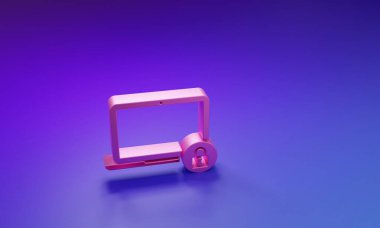 Pembe dizüstü bilgisayar ve kilit simgesi mor-mavi arkaplanda izole edildi. Bilgisayar ve asma kilit. Güvenlik, güvenlik, koruma kavramı. Güvenli bir ağ. Minimalizm kavramı. 3 Boyutlu resimleme.