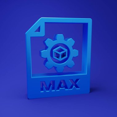 Mavi MAX dosya belgesi. Mavi arkaplanda azami simge indir. MAX dosya sembolü. Minimalizm kavramı. 3 Boyutlu resimleme.