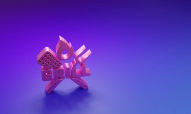 Mor-mavi arkaplanda izole edilmiş pembe çatal ve spatula simgesi. Ateş alevi. Mangal çatalı ve spatula işareti. Barbekü ve ızgara aletleri. Minimalizm kavramı. 3 Boyutlu resimleme.
