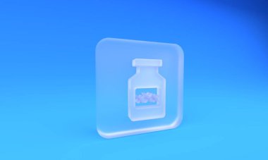 İktidar hapı içeren buzlu cam ilaç şişesi mavi arka planda izole edilmiş afrodizyak ikonu. Erkekler ve kadınlar için seks hapları. Kare buzlu cam düğme. 3 Boyutlu resimleme.