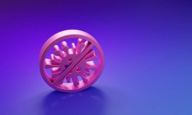 Pembe Durak virüsü, bakteriler, mikroplar ve mor-mavi arka planda izole edilmiş mikrop ikonu. Antibakteriyel ve antiviral savunma, koruma enfeksiyonu. Minimalizm kavramı. 3 Boyutlu resimleme.